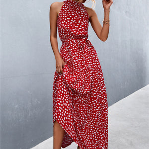 Printed Sleeveless Tie Waist Maxi Dress-Pimamour