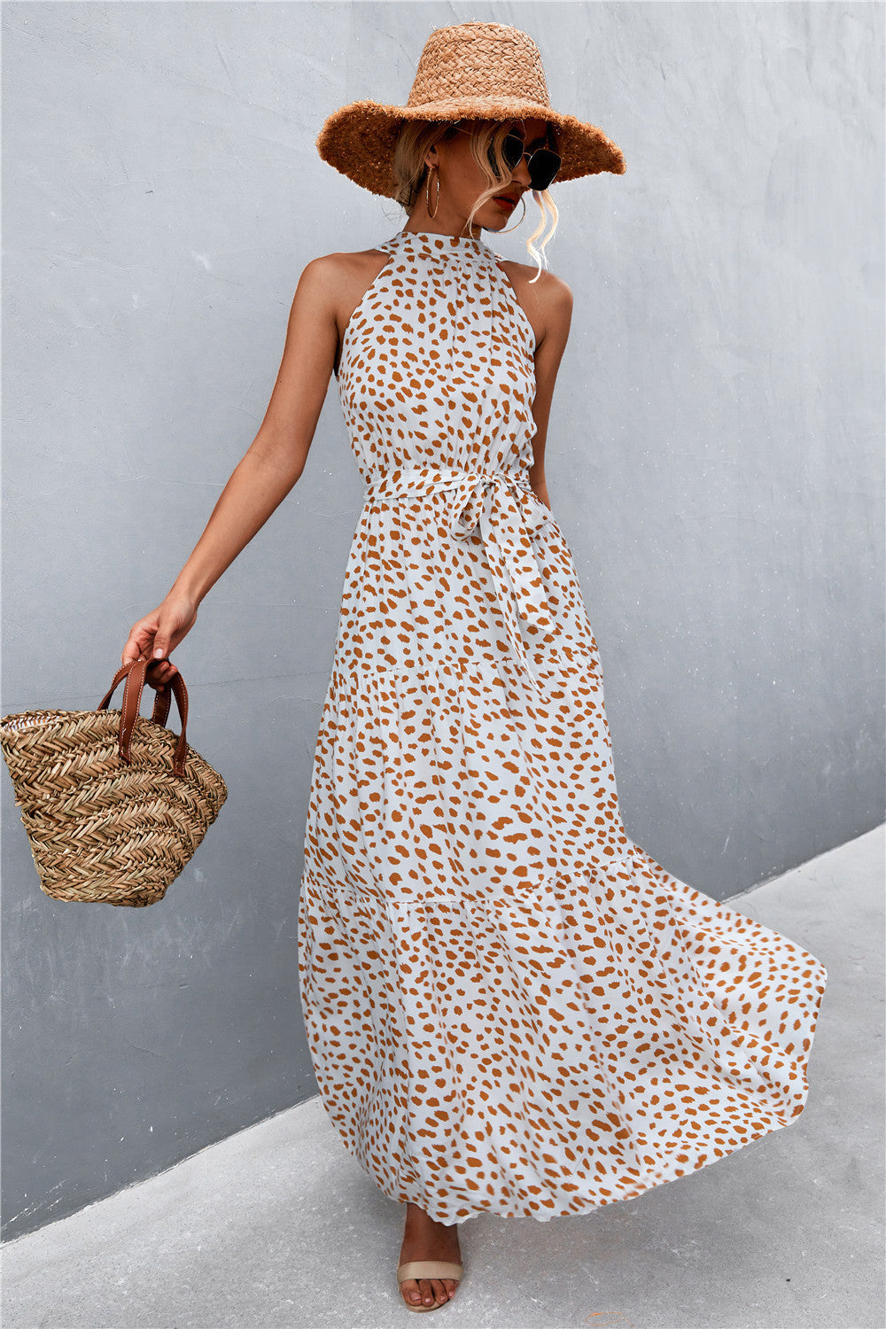 Printed Sleeveless Tie Waist Maxi Dress-Pimamour