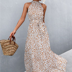 Printed Sleeveless Tie Waist Maxi Dress-Pimamour