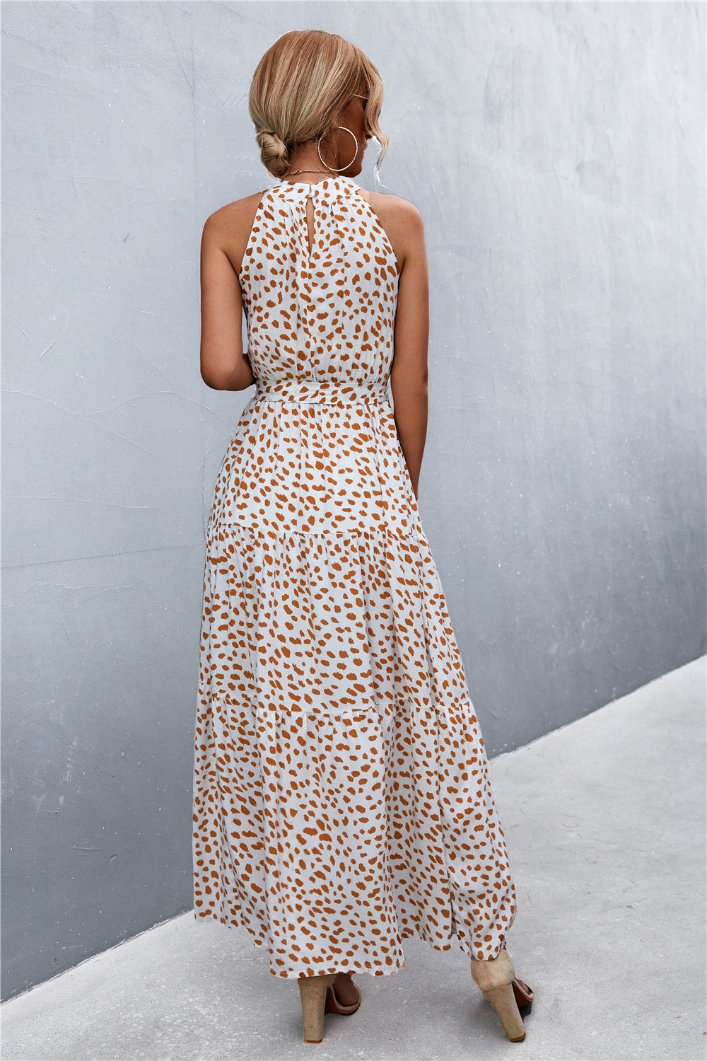 Printed Sleeveless Tie Waist Maxi Dress-Pimamour