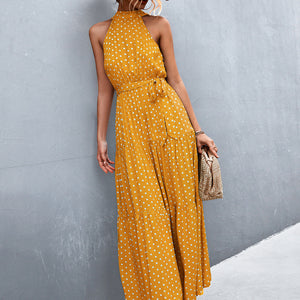 Printed Sleeveless Tie Waist Maxi Dress-Pimamour