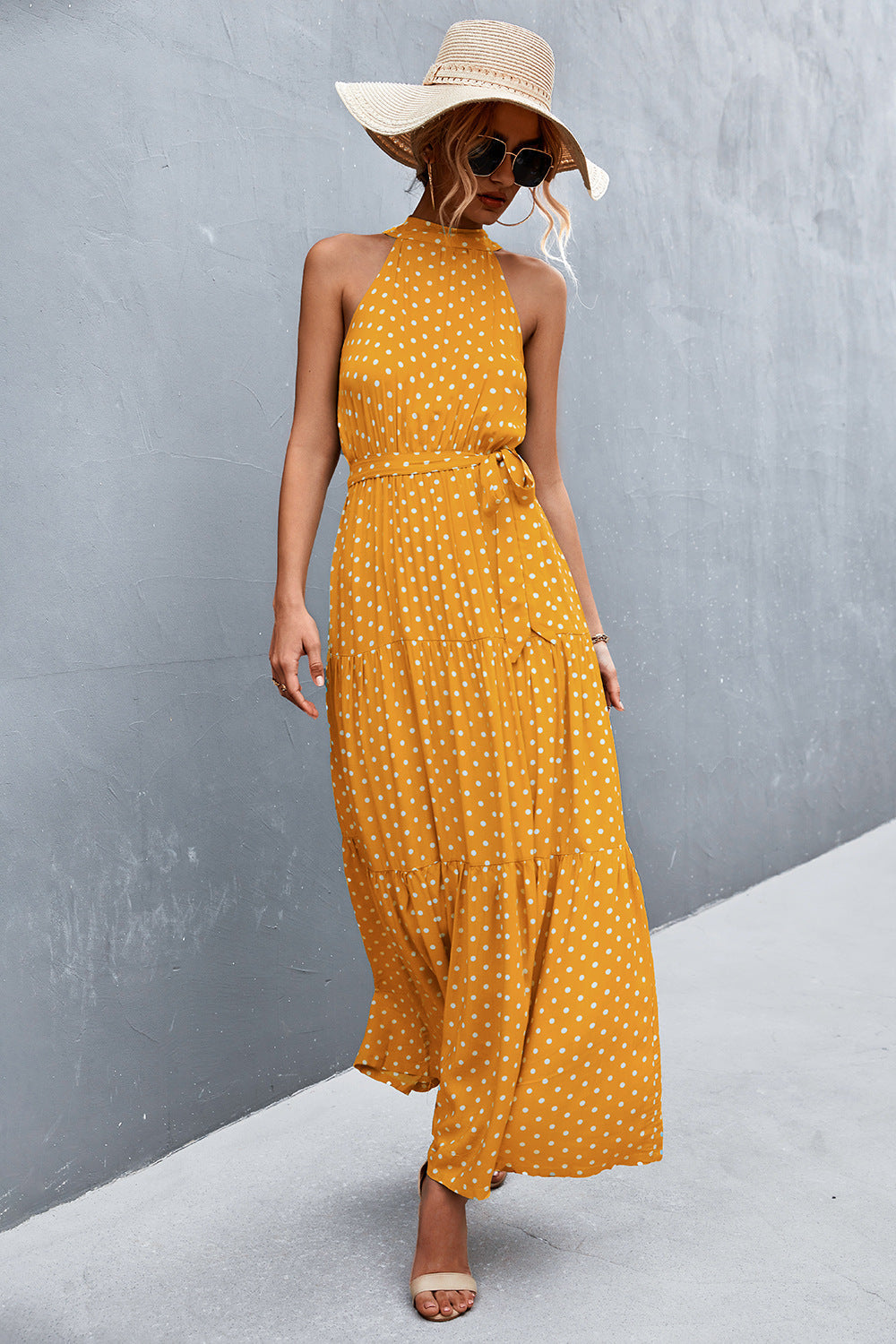 Printed Sleeveless Tie Waist Maxi Dress-Pimamour