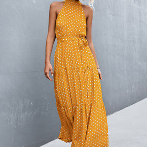 Printed Sleeveless Tie Waist Maxi Dress-Pimamour