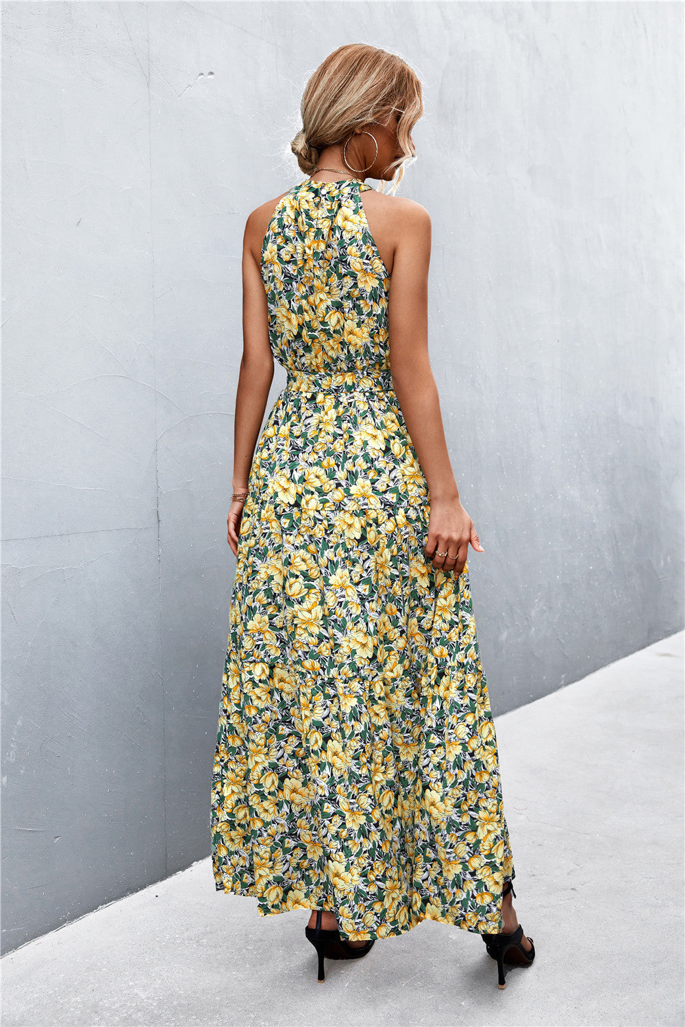 Printed Sleeveless Tie Waist Maxi Dress-Pimamour