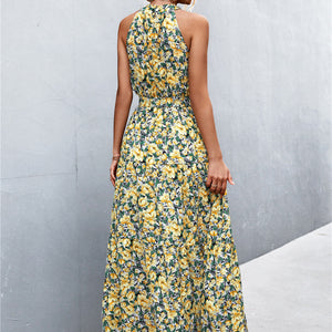 Printed Sleeveless Tie Waist Maxi Dress-Pimamour