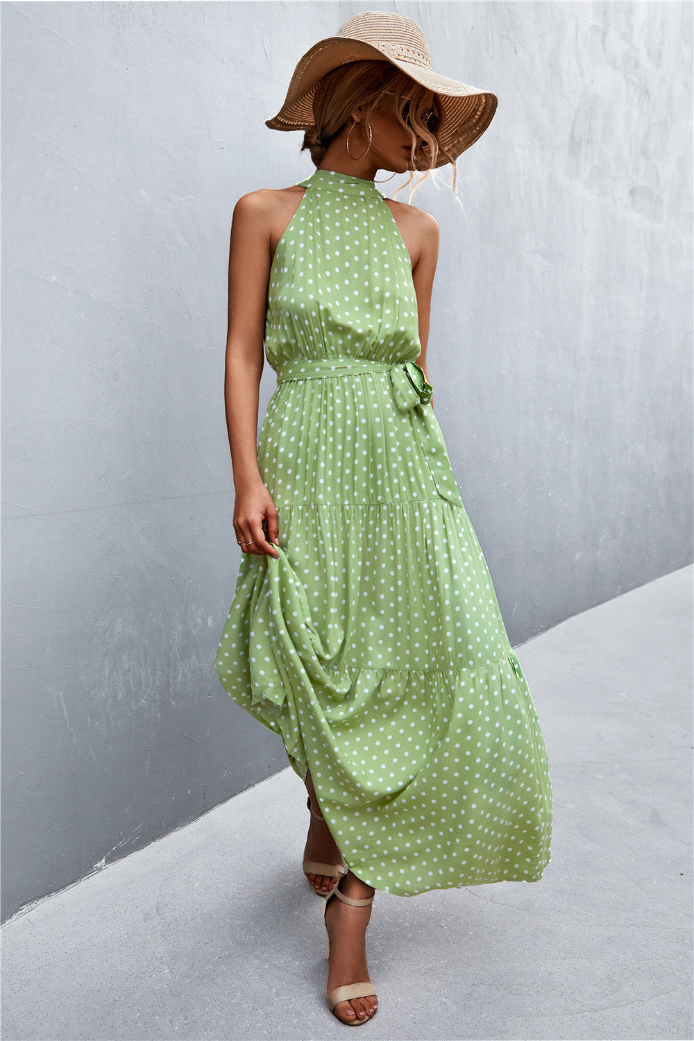 Printed Sleeveless Tie Waist Maxi Dress-Pimamour