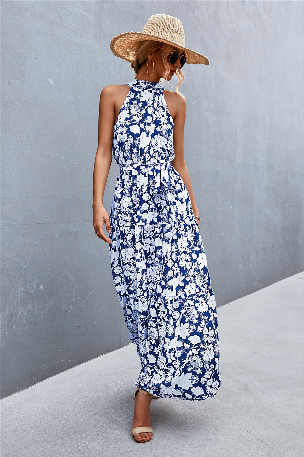 Printed Sleeveless Tie Waist Maxi Dress-Pimamour