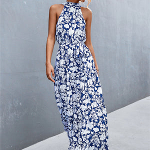 Printed Sleeveless Tie Waist Maxi Dress-Pimamour