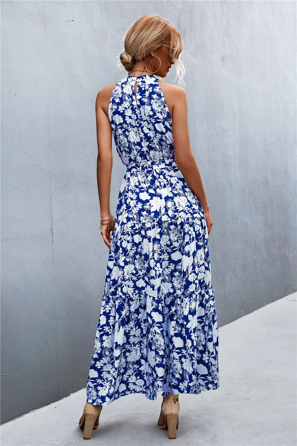 Printed Sleeveless Tie Waist Maxi Dress-Pimamour