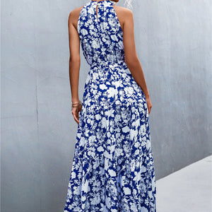 Printed Sleeveless Tie Waist Maxi Dress-Pimamour