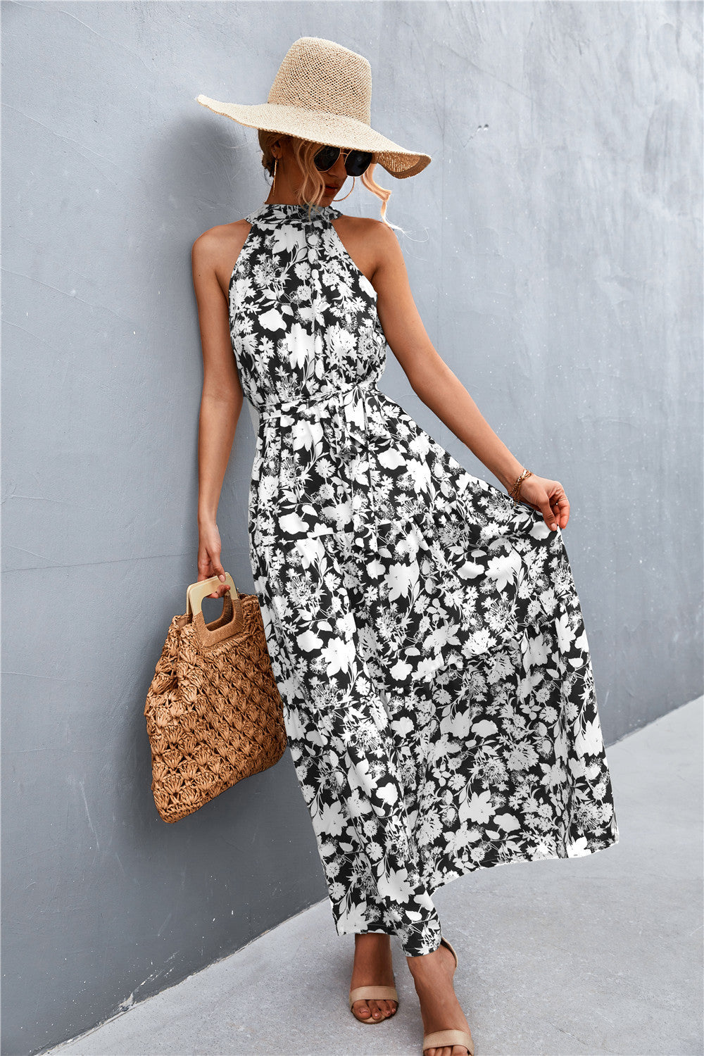 Printed Sleeveless Tie Waist Maxi Dress-Pimamour