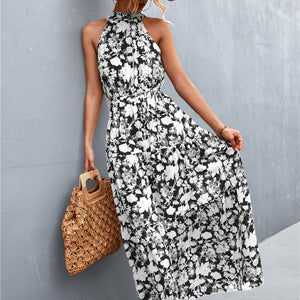 Printed Sleeveless Tie Waist Maxi Dress-Pimamour