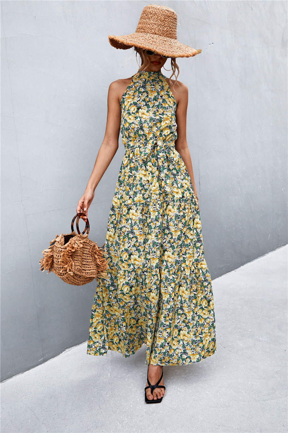 Printed Sleeveless Tie Waist Maxi Dress-Pimamour