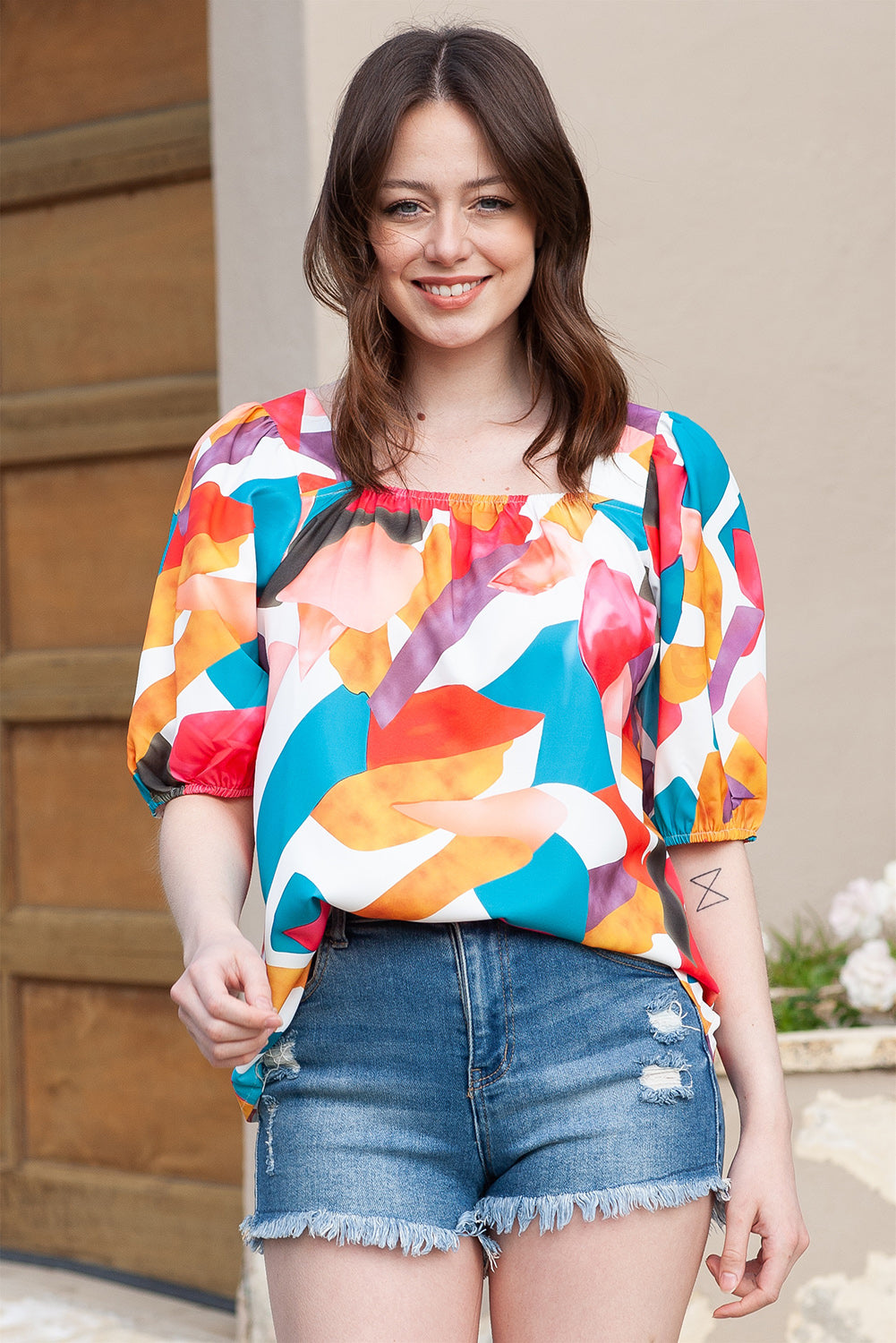 Printed Square Neck Half Sleeve Top-Pimamour