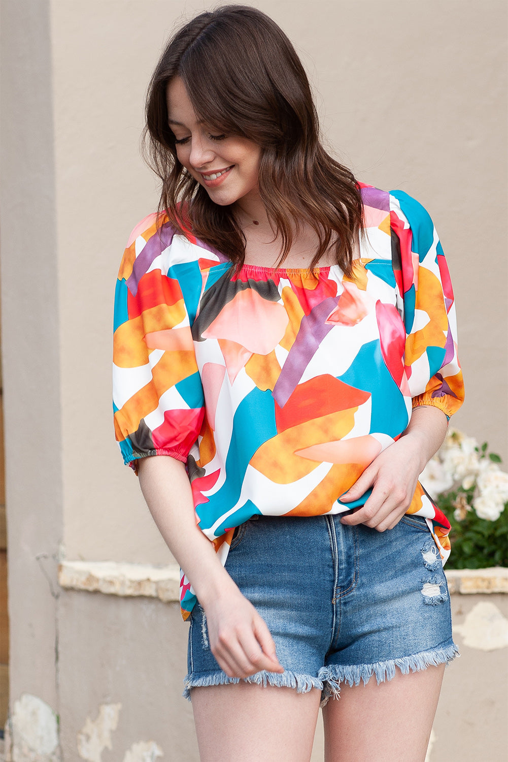 Printed Square Neck Half Sleeve Top-Pimamour