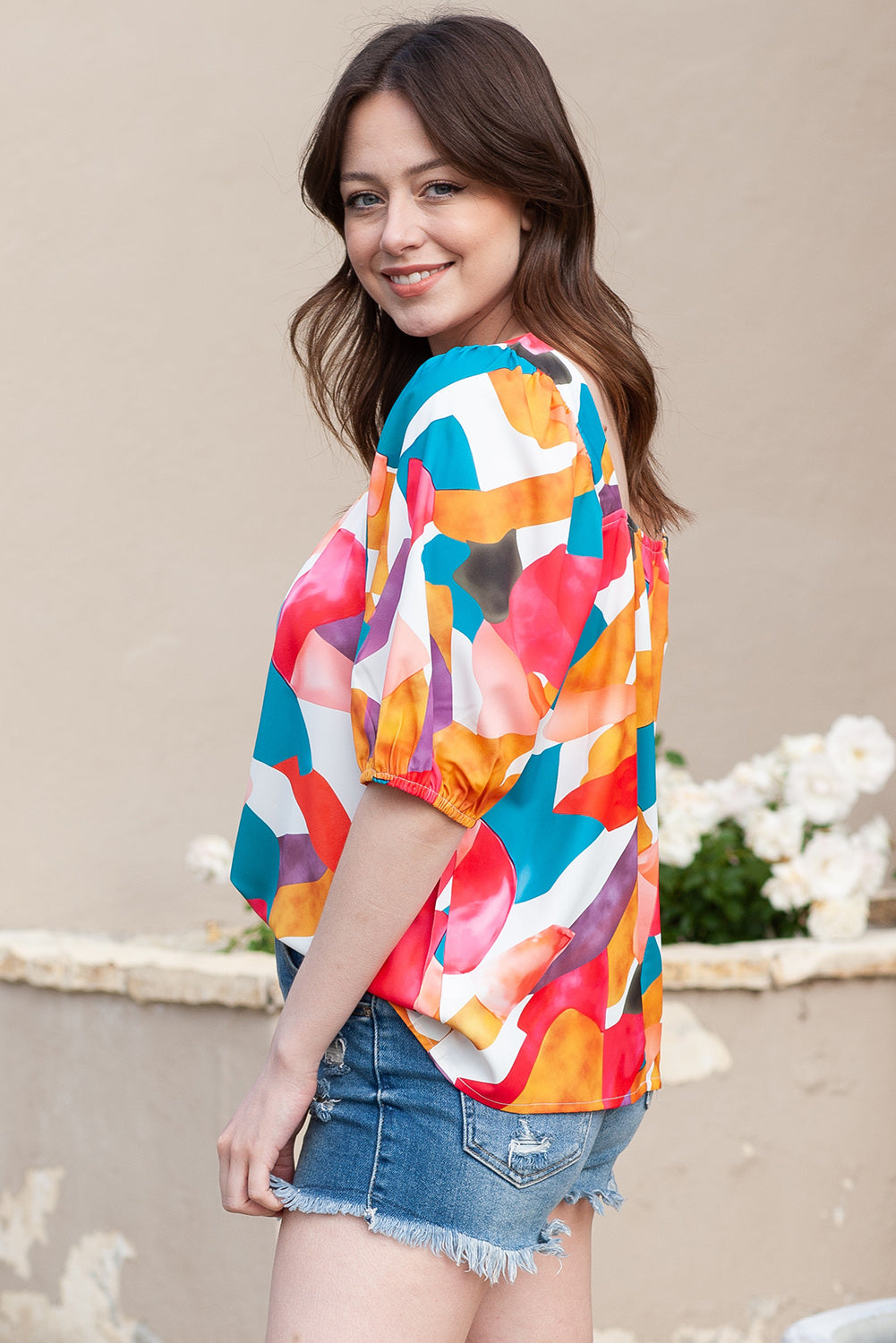 Printed Square Neck Half Sleeve Top-Pimamour