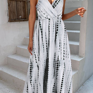 Printed Surplice Adjustable Spaghetti Strap Maxi Dress-Pimamour