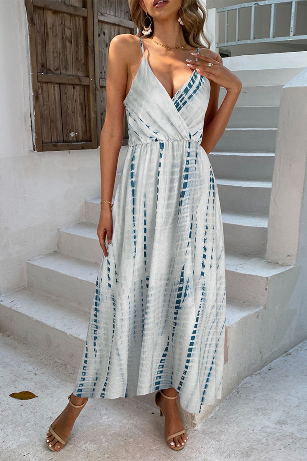 Printed Surplice Adjustable Spaghetti Strap Maxi Dress-Pimamour