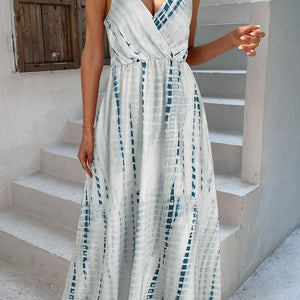 Printed Surplice Adjustable Spaghetti Strap Maxi Dress-Pimamour