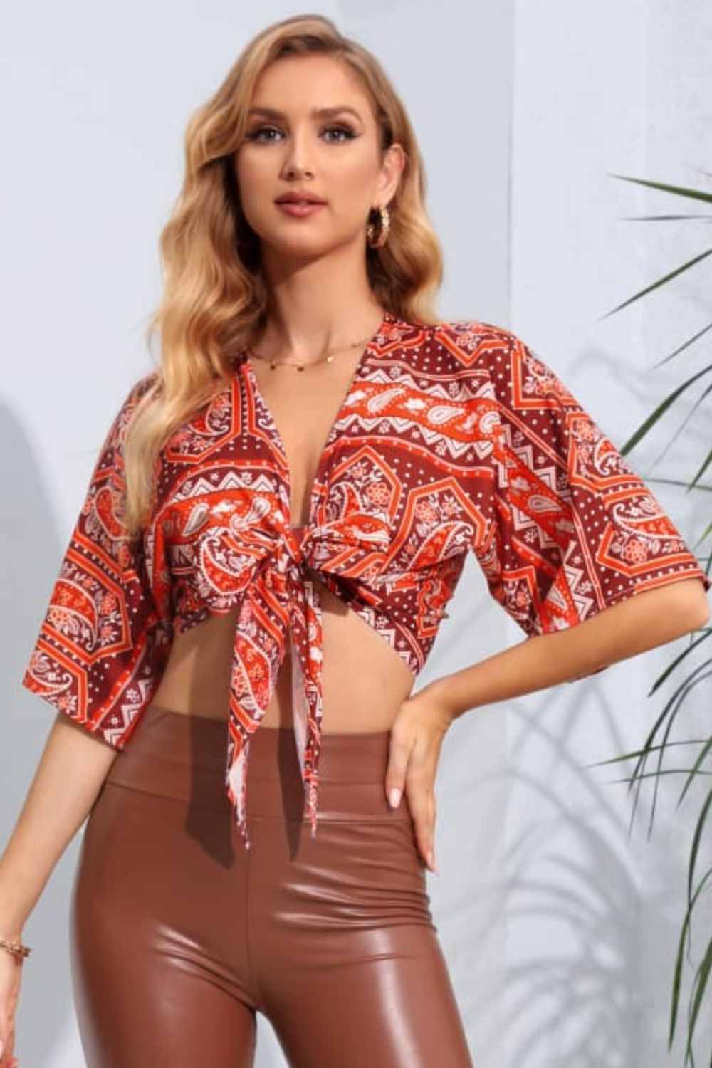 Printed Tie Front Cropped Dolman Sleeve Blouse-Pimamour