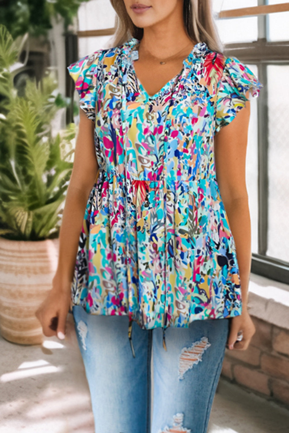 Printed Tie Neck Butterfly Sleeve Babydoll Top-Pimamour