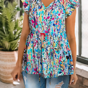 Printed Tie Neck Butterfly Sleeve Babydoll Top-Pimamour