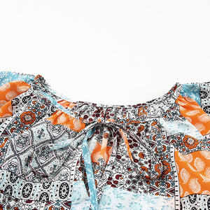 Printed Tie Neck Curved Hem Top-Pimamour