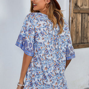 Printed Tie Neck Half Sleeve Tunic Blouse-Pimamour