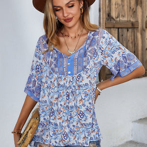 Printed Tie Neck Half Sleeve Tunic Blouse-Pimamour