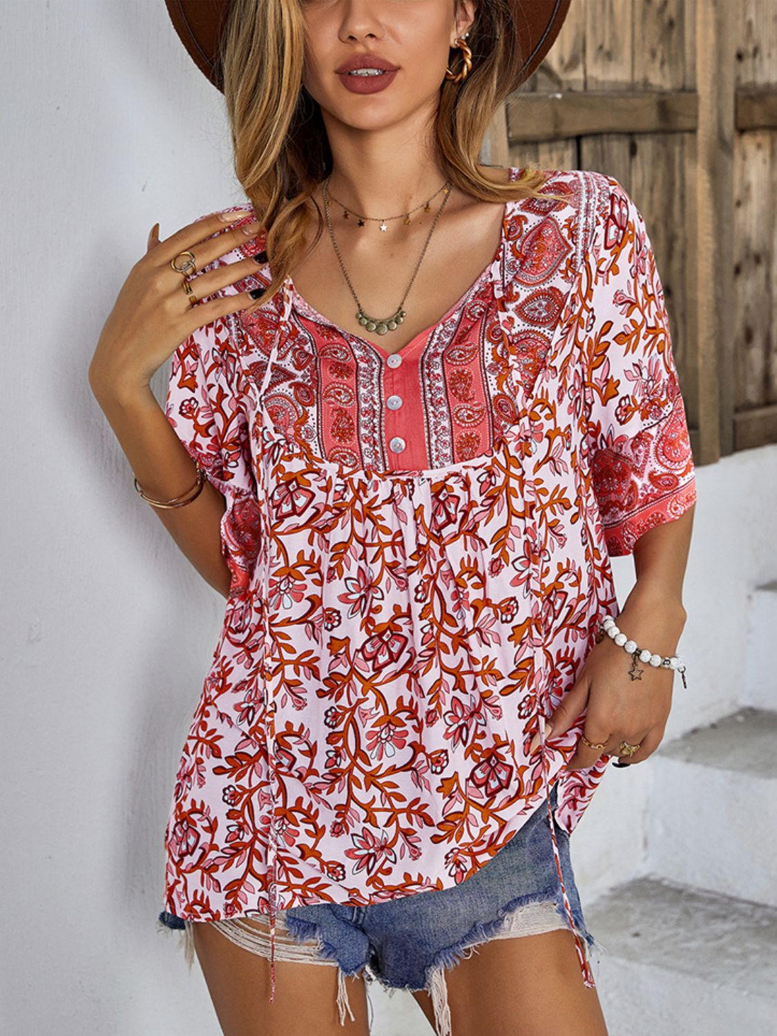 Printed Tie Neck Half Sleeve Tunic Blouse-Pimamour