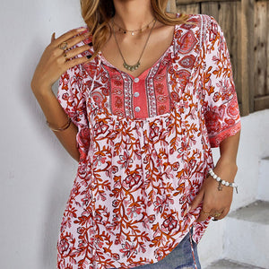 Printed Tie Neck Half Sleeve Tunic Blouse-Pimamour