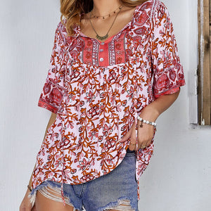 Printed Tie Neck Half Sleeve Tunic Blouse-Pimamour