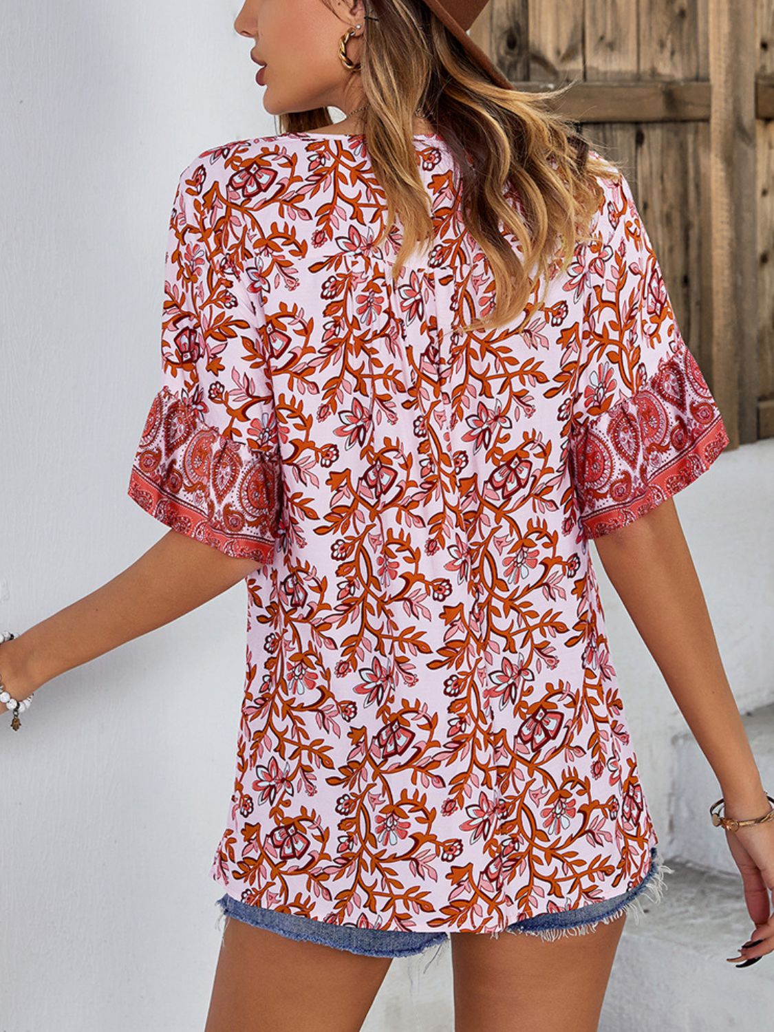 Printed Tie Neck Half Sleeve Tunic Blouse-Pimamour