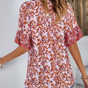 Printed Tie Neck Half Sleeve Tunic Blouse-Pimamour