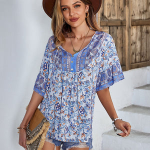 Printed Tie Neck Half Sleeve Tunic Blouse-Pimamour