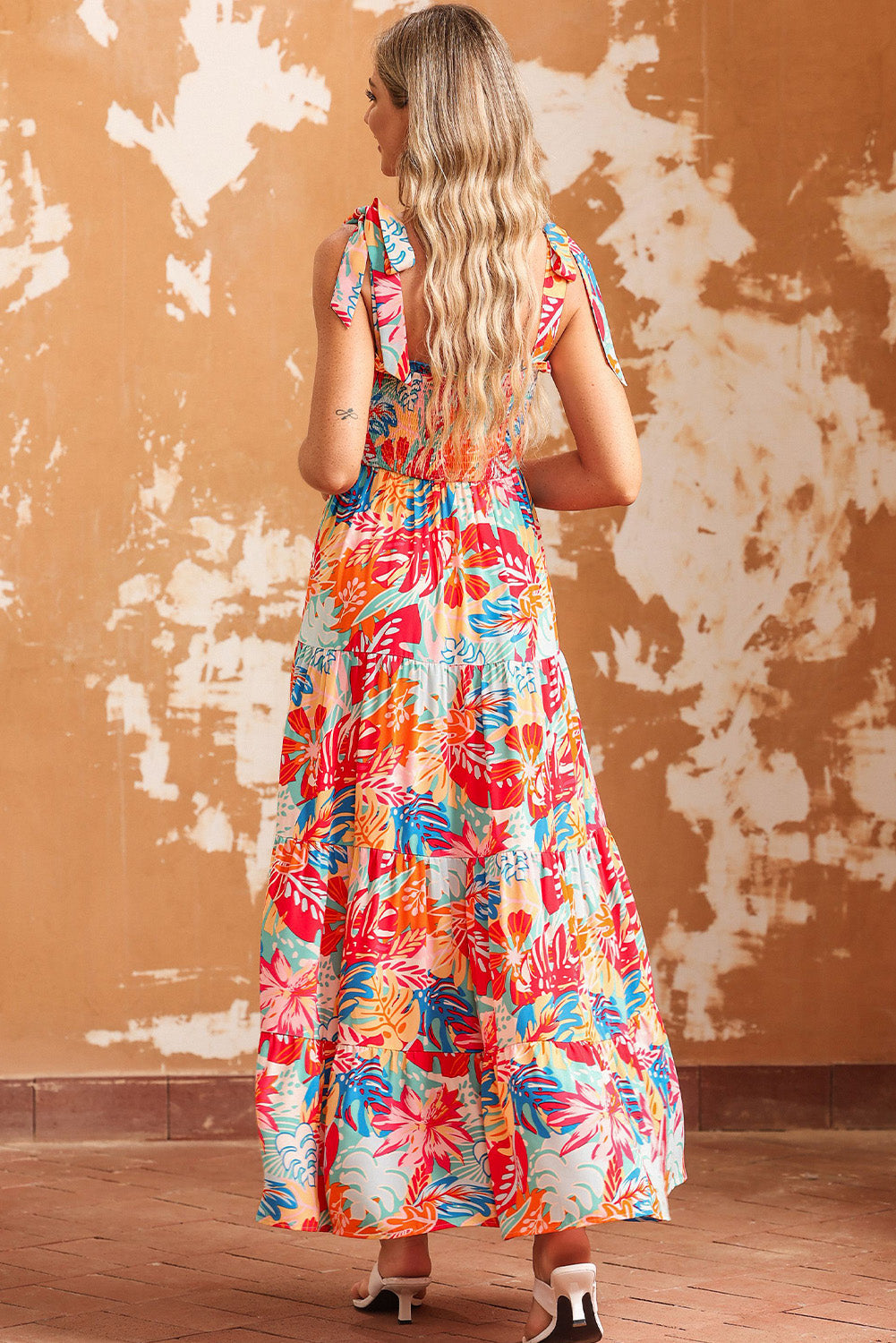 Printed Tie Shoulder Smocked Tiered Maxi Dress-Pimamour