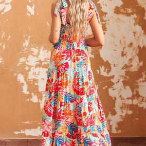 Printed Tie Shoulder Smocked Tiered Maxi Dress-Pimamour