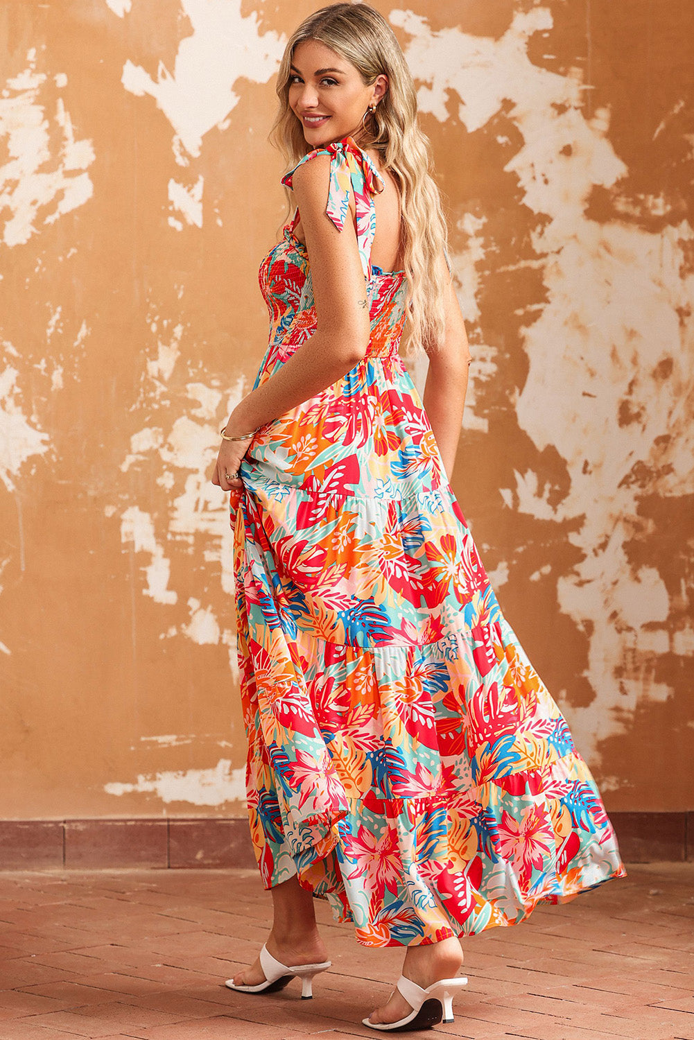 Printed Tie Shoulder Smocked Tiered Maxi Dress-Pimamour