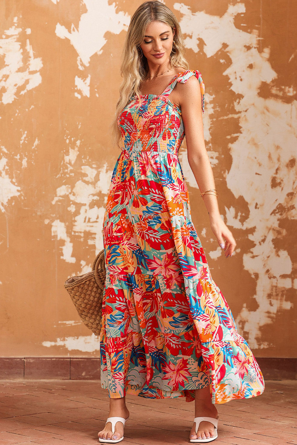 Printed Tie Shoulder Smocked Tiered Maxi Dress-Pimamour