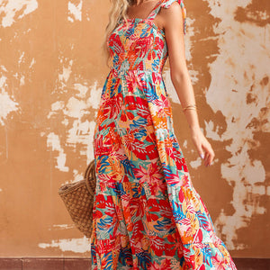 Printed Tie Shoulder Smocked Tiered Maxi Dress-Pimamour