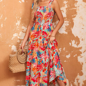 Printed Tie Shoulder Smocked Tiered Maxi Dress-Pimamour