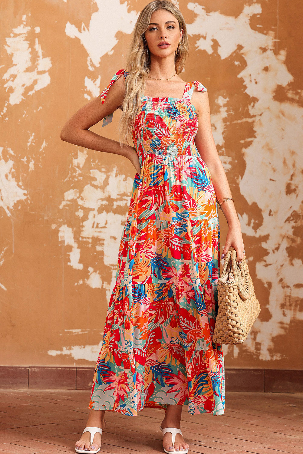 Printed Tie Shoulder Smocked Tiered Maxi Dress-Pimamour