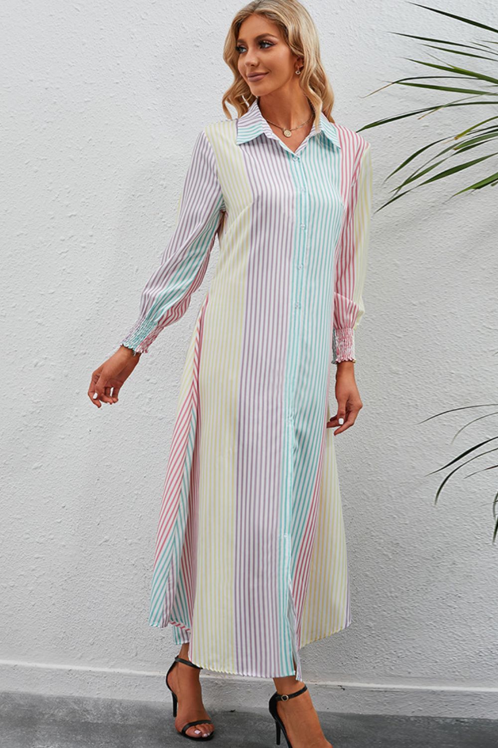 Rainbow Stripe Button-Up Maxi Shirt Dress-Pimamour