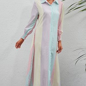 Rainbow Stripe Button-Up Maxi Shirt Dress-Pimamour