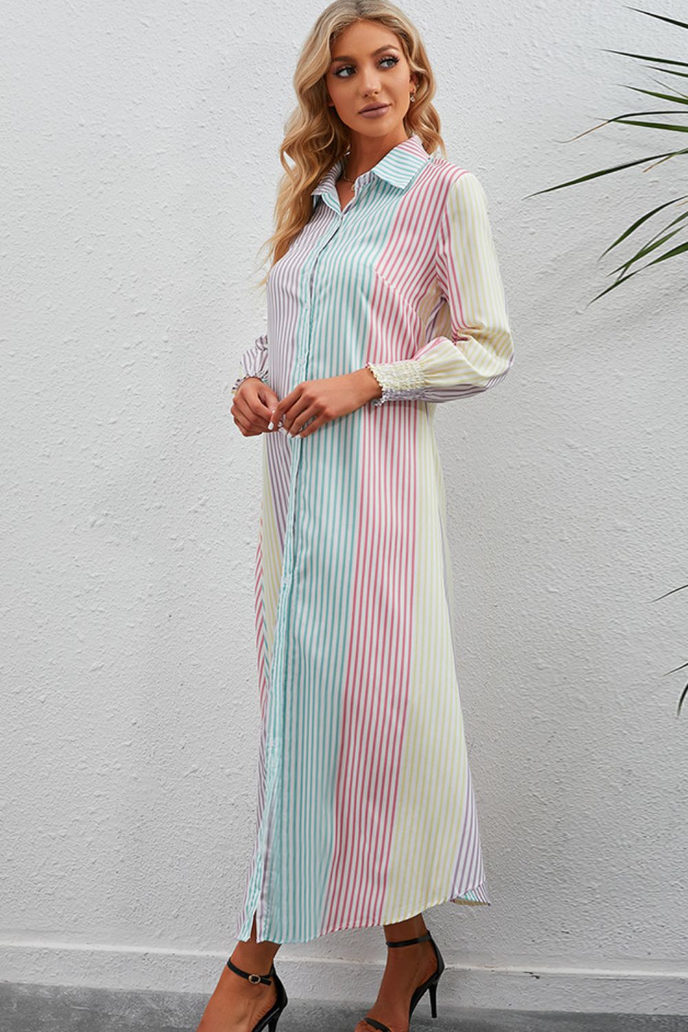 Rainbow Stripe Button-Up Maxi Shirt Dress-Pimamour