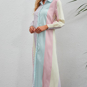 Rainbow Stripe Button-Up Maxi Shirt Dress-Pimamour