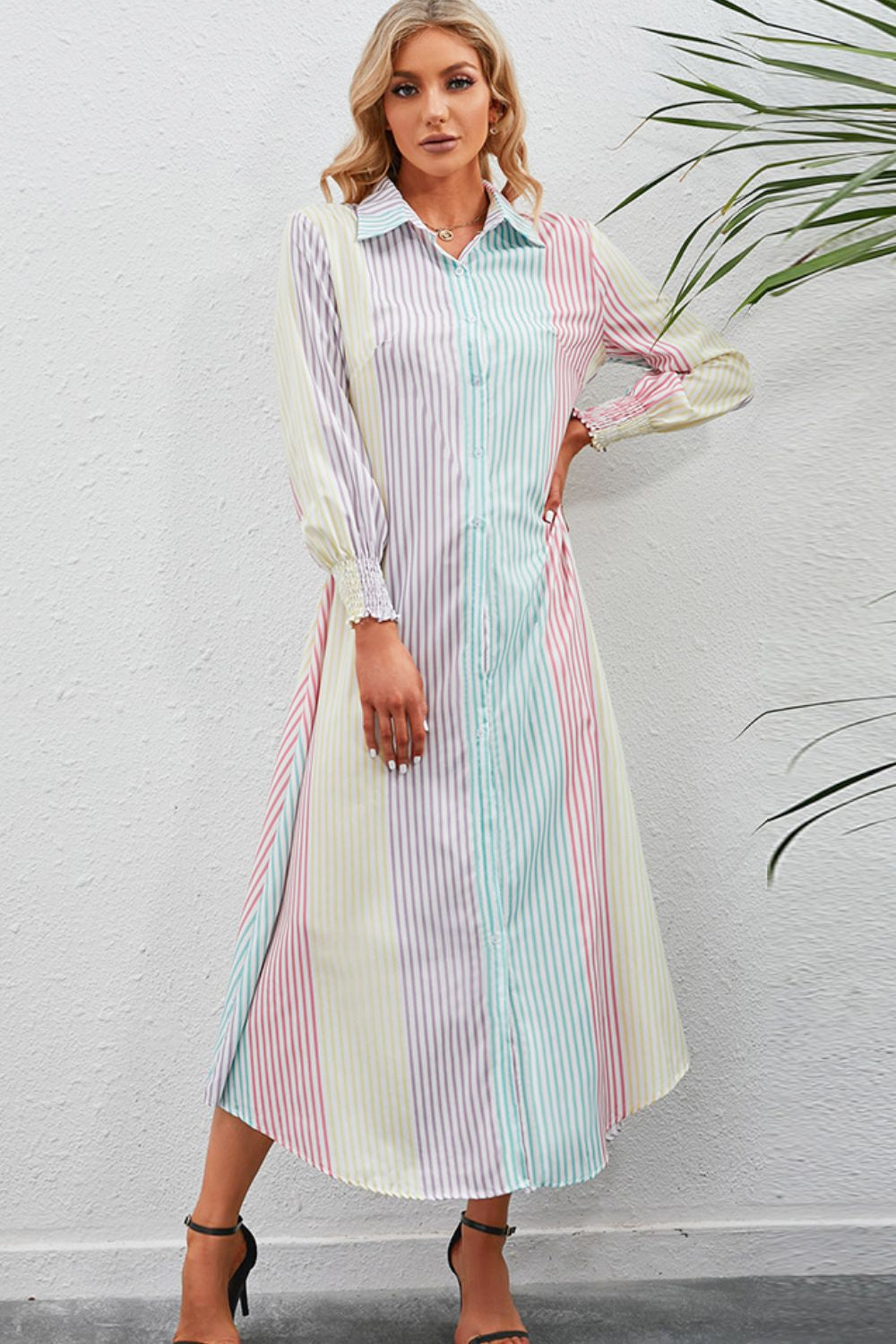 Rainbow Stripe Button-Up Maxi Shirt Dress-Pimamour