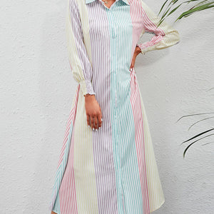 Rainbow Stripe Button-Up Maxi Shirt Dress-Pimamour