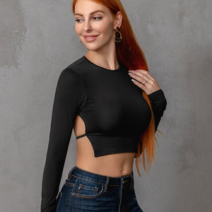 Round Neck Cropped Backless Tie Back Blouse-Pimamour