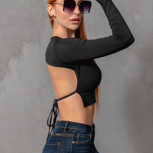 Round Neck Cropped Backless Tie Back Blouse-Pimamour